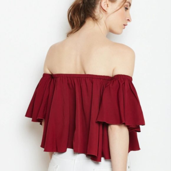 Women Maroon Solid Bardot Top - Picture 2 of 5